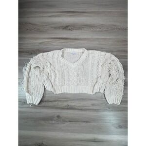 hooked‎ up Cream Cable Knit Fringe Cropped Sweater WMNS S Cottagecore fairycore
